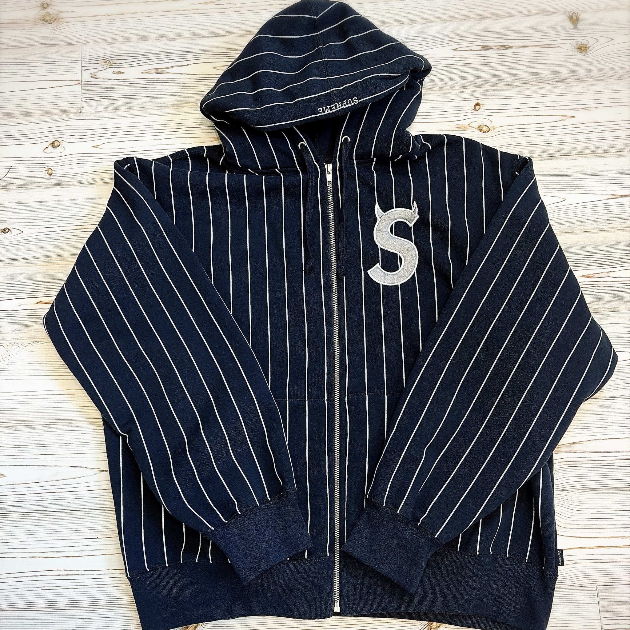 Supreme Devil S Logo Zip Up Hooded Sweatshirt "Stripe"