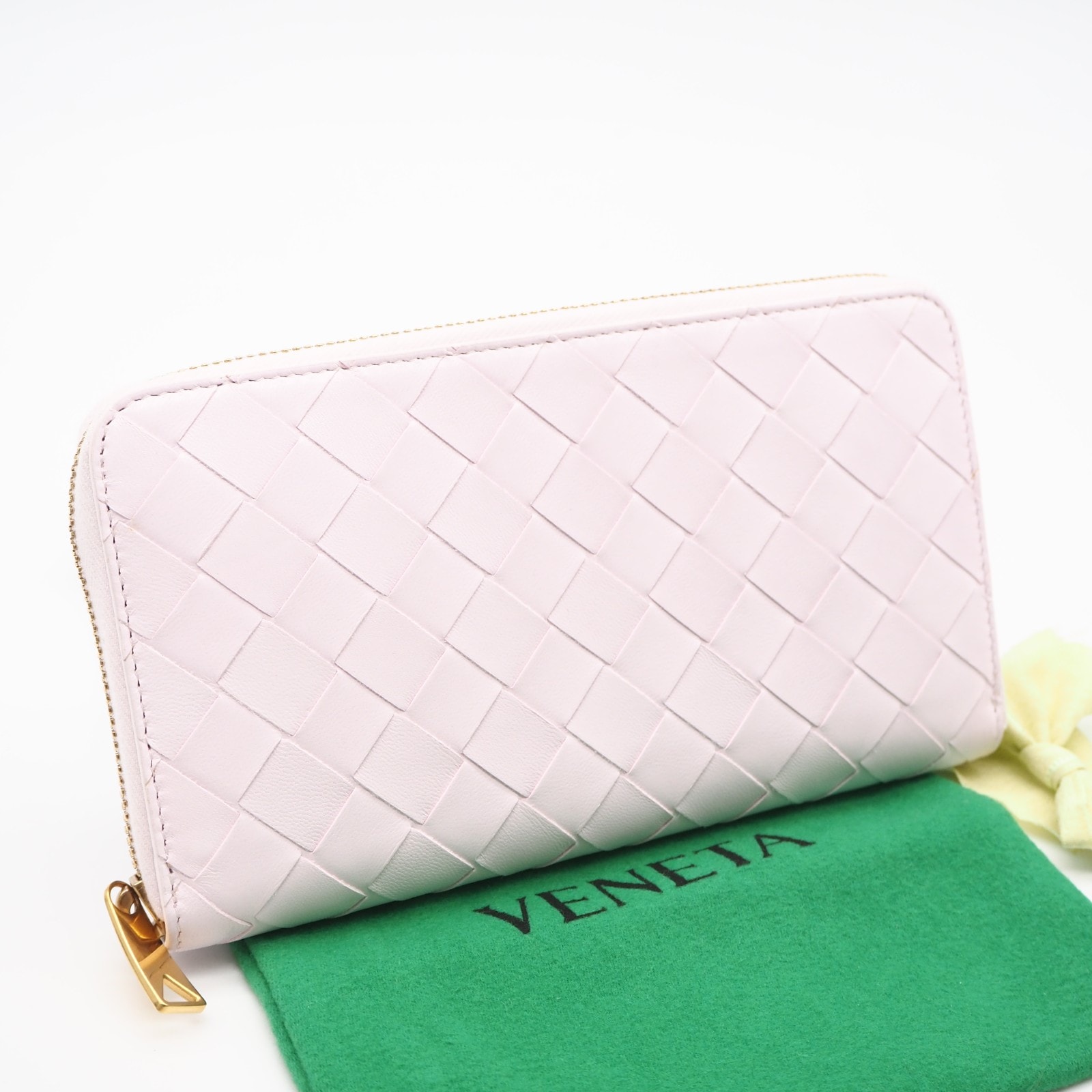 極美品 BOTTEGAVENETA ボッテガヴェネタ イントレチャート ジップアラウンド ウォレット 608053 長財布 ピンク カーフレザー レディース