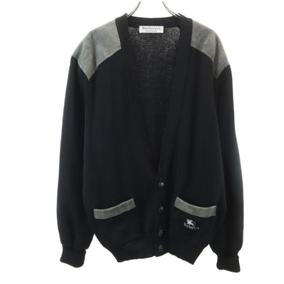 Burberrys バーバリーズ 90s 英国製 オールド 長袖 コマンド Vネック ニットカーディガン L ブラック エルボーパッチ