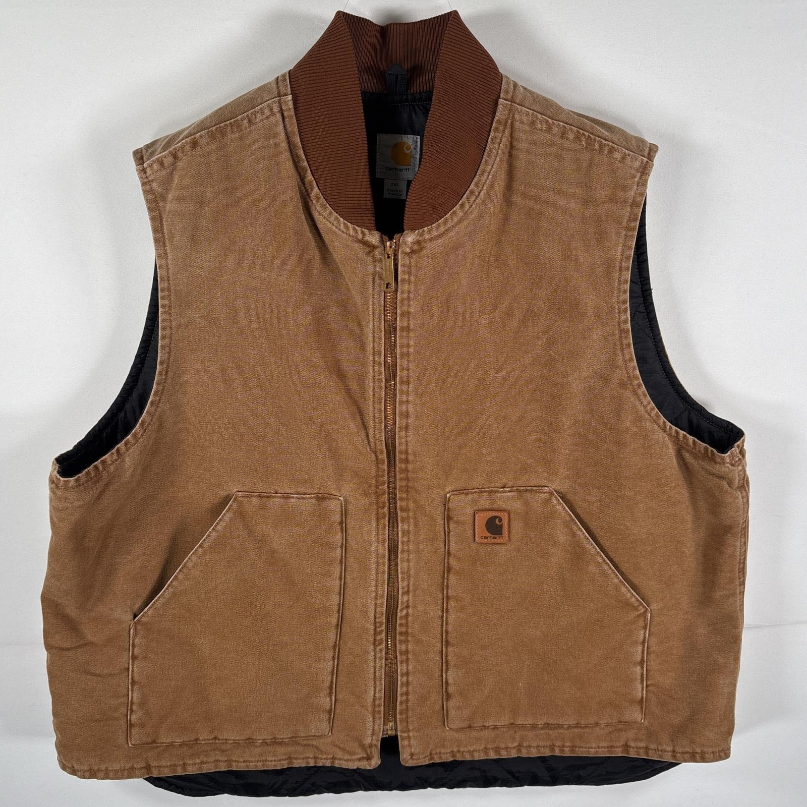 古着 カーハート Carhartt ダック ベスト 裏地キルティング フルジップ 襟リブ ビッグサイズ 厚手 14041 キャメル メンズ