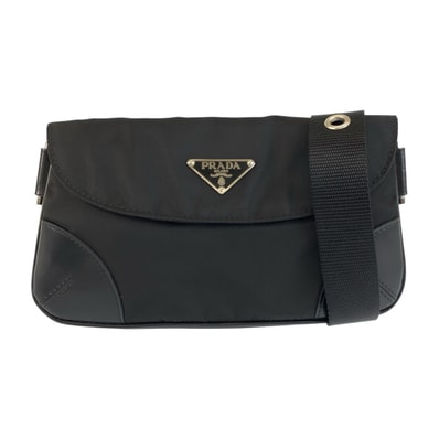 美品 PRADA プラダ テスート 三角ロゴプレート ブラック 黒 シルバー金具 ナイロン レザー/ ボディバッグ バムバッグ ショルダーバッグ ウエストポーチ 601111 【中古】