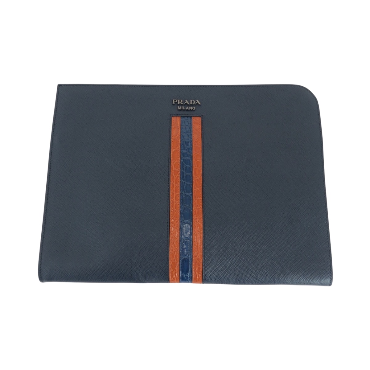 美品 PRADA プラダ サフィアーノ クロコダイル ロゴ ネイビー オレンジ シルバー金具 レザー クラッチバッグ セカンドバッグ 503258 【中古】