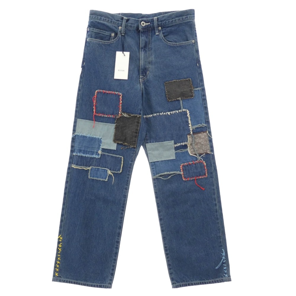 KUON クオン デニムパンツ 116PT016000 Sashiko Mended Denim Trousers 刺し子 パッチワーク ステッチデザイン デニムパンツ ジーンズ インディゴブルー系 M【極上美品】【中古】