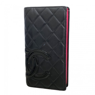 【6dd5474-k】シャネル 長財布 カンボン ラムスキン ブラック ピンク シルバー金具【中古】レディース