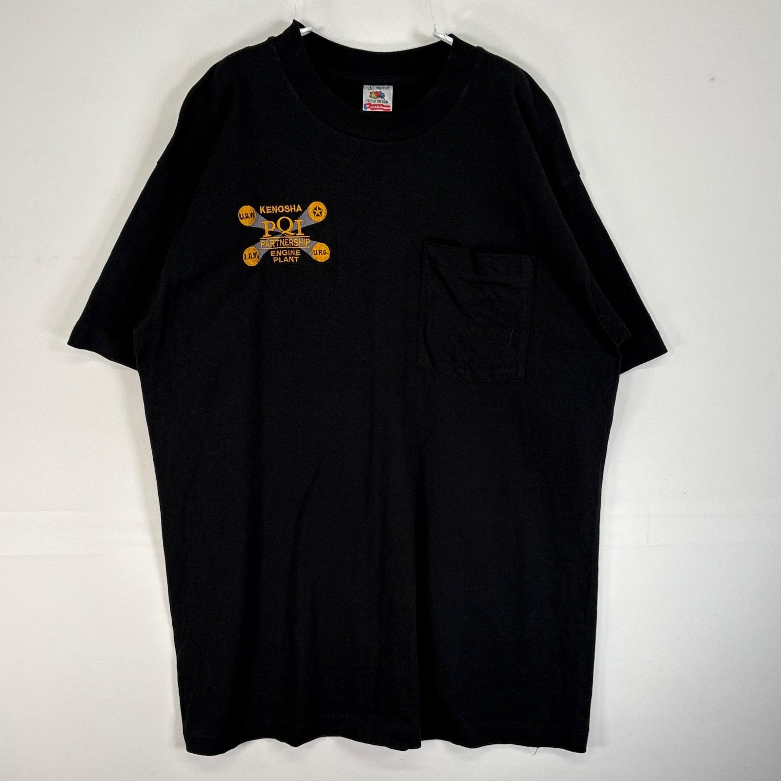 古着 90's/90年代 フルーツオブザルーム FRUIT OF THE LOOM 半袖Tシャツ USA製 シングルステッチ 肉厚 刺繍 L  ブラック 無地 メンズ
