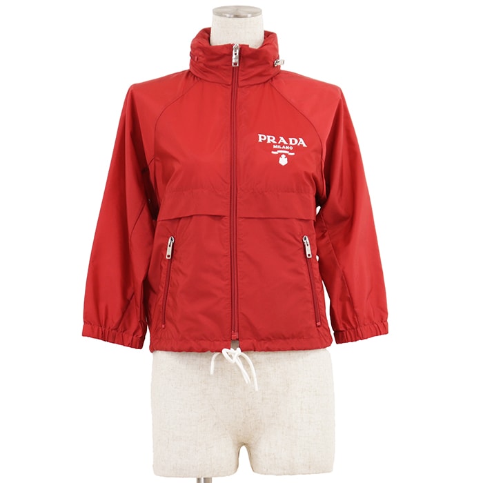 【美品】PRADA プラダ リナイロン ブルゾン サイズ 40 レディース Re-Nylon ロゴプリント ジップアップ ドローコード フード収納可 ジャケット アウター レッド 赤 イタリア製