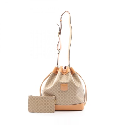 セリーヌ CELINE マカダム ドローストリング ショルダーバッグ バッグ PVCコーティングキャンバス レザー レディース ベージュ系 【中古】
