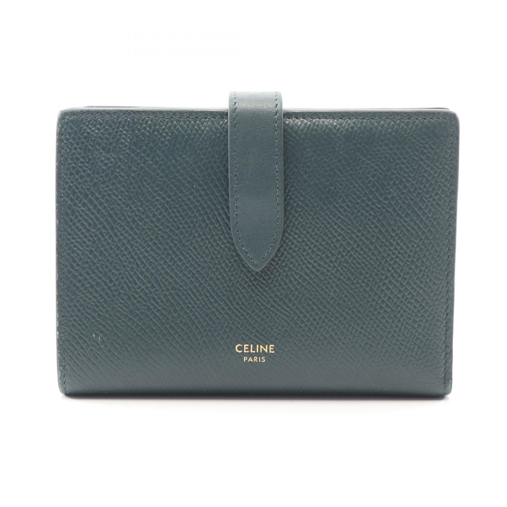 セリーヌ CELINE ミディアム ストラップウォレット 二つ折り財布 財布 レザー レディース グリーン系 10B643BFP 【中古】