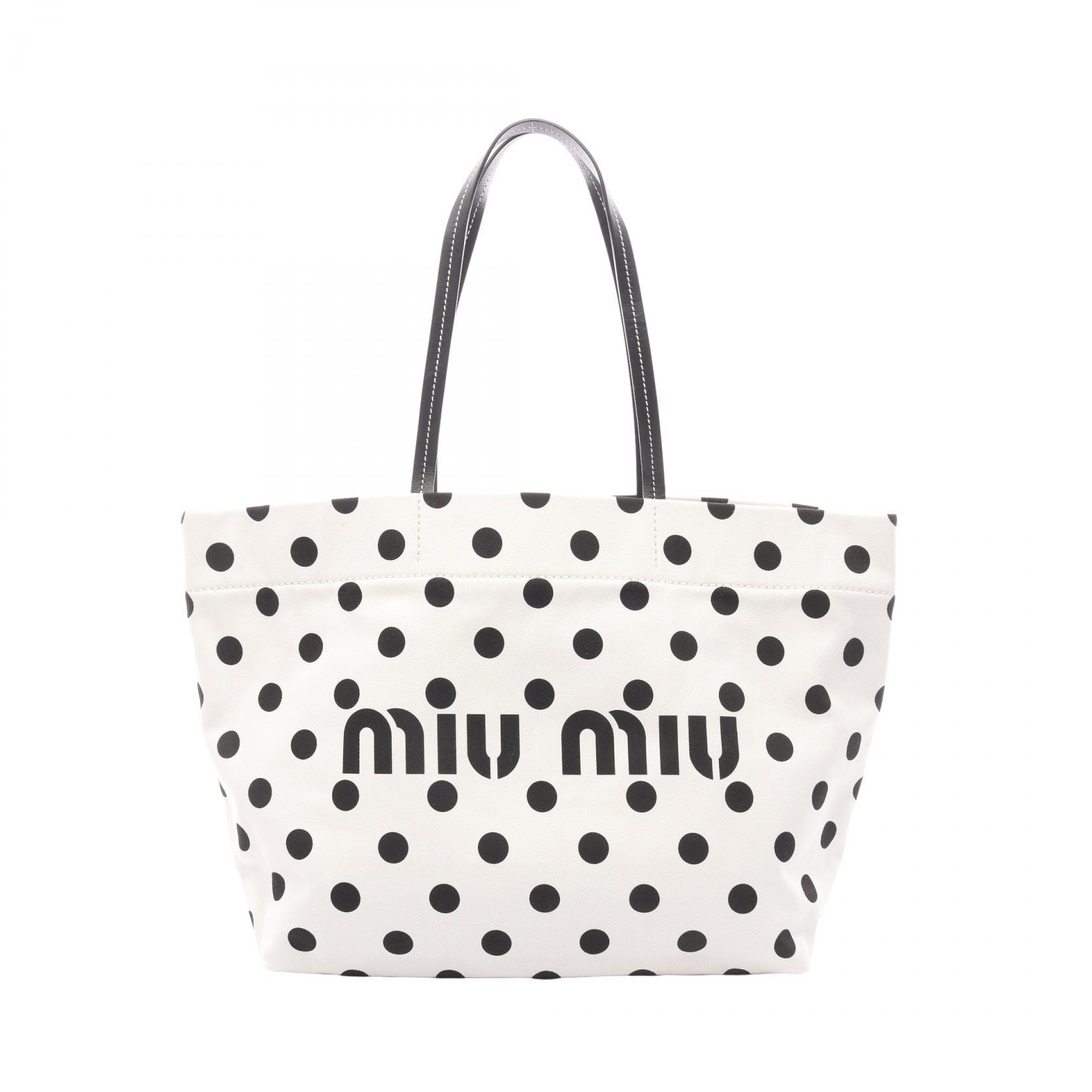 ミュウ ミュウ Miu Miu ロゴ トートバッグ バッグ キャンバス レザー レディース ホワイト系 / ブラック系 5BG234 【中古】