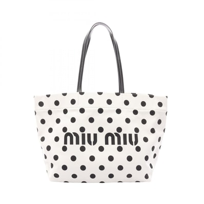 ミュウ ミュウ Miu Miu ロゴ トートバッグ バッグ キャンバス レザー レディース ホワイト系 / ブラック系 5BG234 【中古】