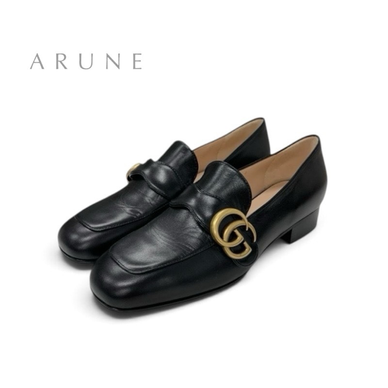 グッチ GUCCI ダブルG ローファー 革靴 靴 シューズ レザー ブラック 黒 ゴールド GGマーモント