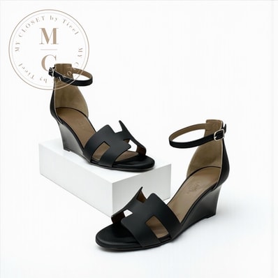 エルメス HERMES レジェンド サンダル 靴 シューズ レザー ブラック 黒 未使用 ウェッジソール アンクルストラップ