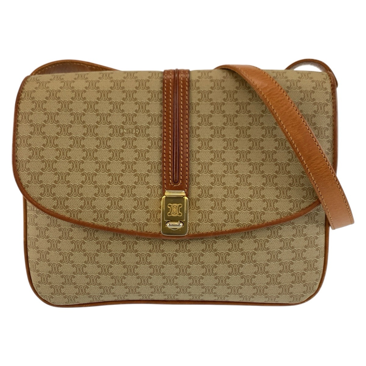 CELINE セリーヌ ヴィンテージ マカダム ベージュ ブラウン ゴールド金具 PVC レザー/ ショルダーバッグ ポシェット 604804 【中古】