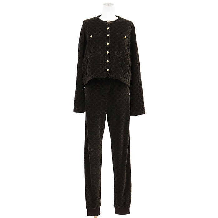 【美品】CELINE セリーヌ ベロア セットアップ サイズ 36/S レディース ノーカラージャケット パデッド ゴールドボタン ボトムス トリオンフ モノグラム 総柄 ブラック 黒 イタリア製