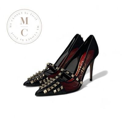 ヴァレンティノ VALENTINO パンプス 靴 シューズ メッシュ パテント ブラック 黒 ゴールド ロックスタッズ