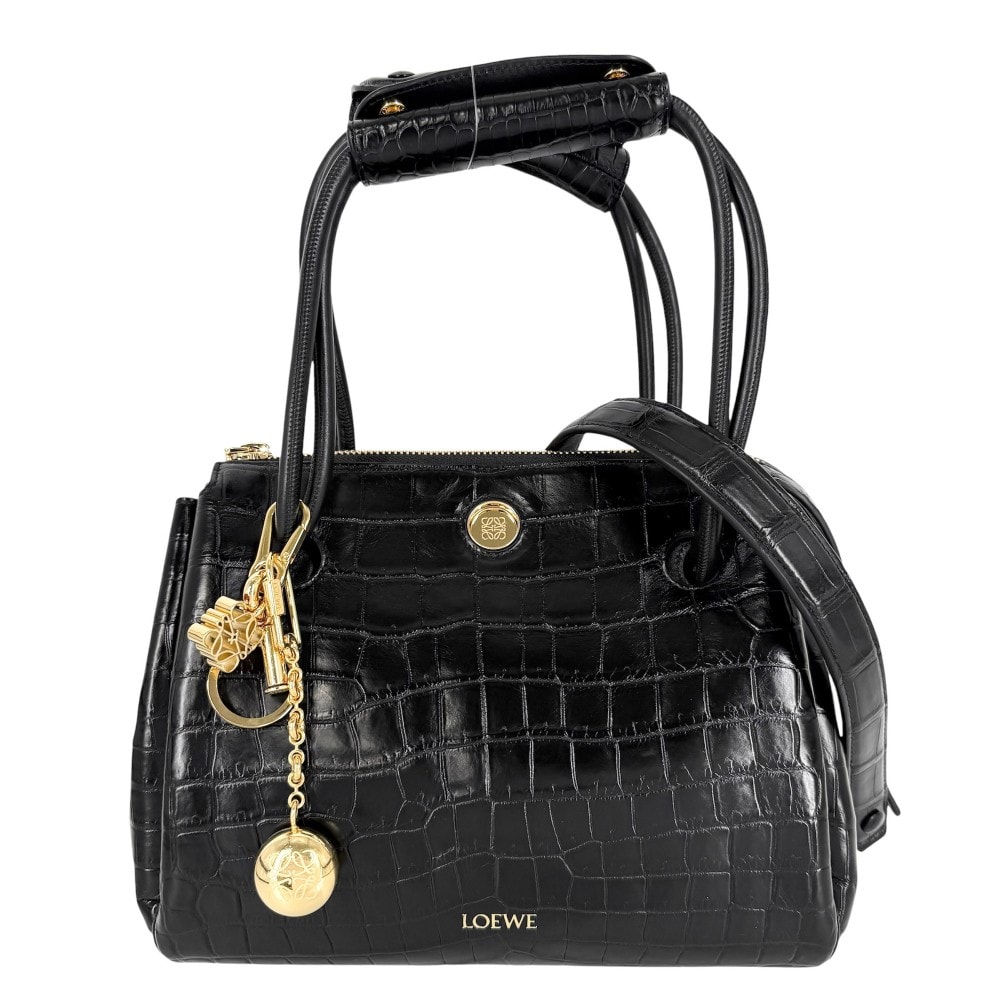 LOEWE ロエベ 2WAY アナグラム ハンドバッグ ショルダーバッグ 肩掛け クロコダイル    ブラック 黒 ゴールド金具 レディース【中古品】