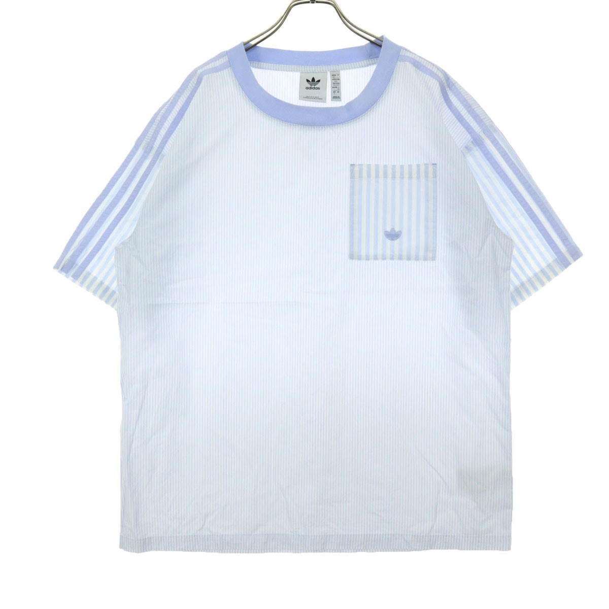 美品 adidas アディダス ストライプ柄 ワンポイントロゴ バイカラー 半袖 Tシャツ XL ライトブルー系 トレフォイルロゴ