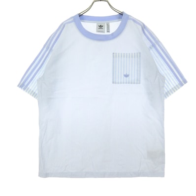 美品 adidas アディダス ストライプ柄 ワンポイントロゴ バイカラー 半袖 Tシャツ XL ライトブルー系 トレフォイルロゴ