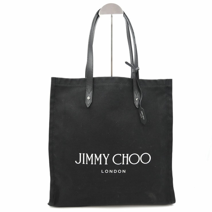 JIMMY CHOO(ジミーチュウ)LOGO TOTE FFQ ロゴ トートバッグ ブラック キャンバス レザー シルバー金具 レディース【中古】