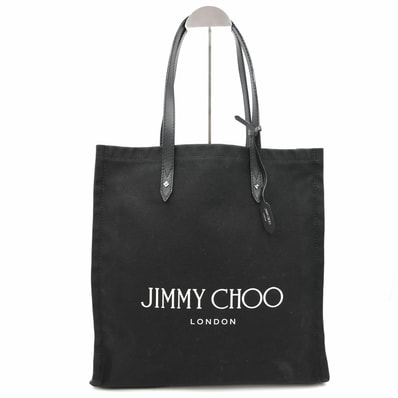 JIMMY CHOO(ジミーチュウ)LOGO TOTE FFQ ロゴ トートバッグ ブラック キャンバス レザー シルバー金具 レディース【中古】