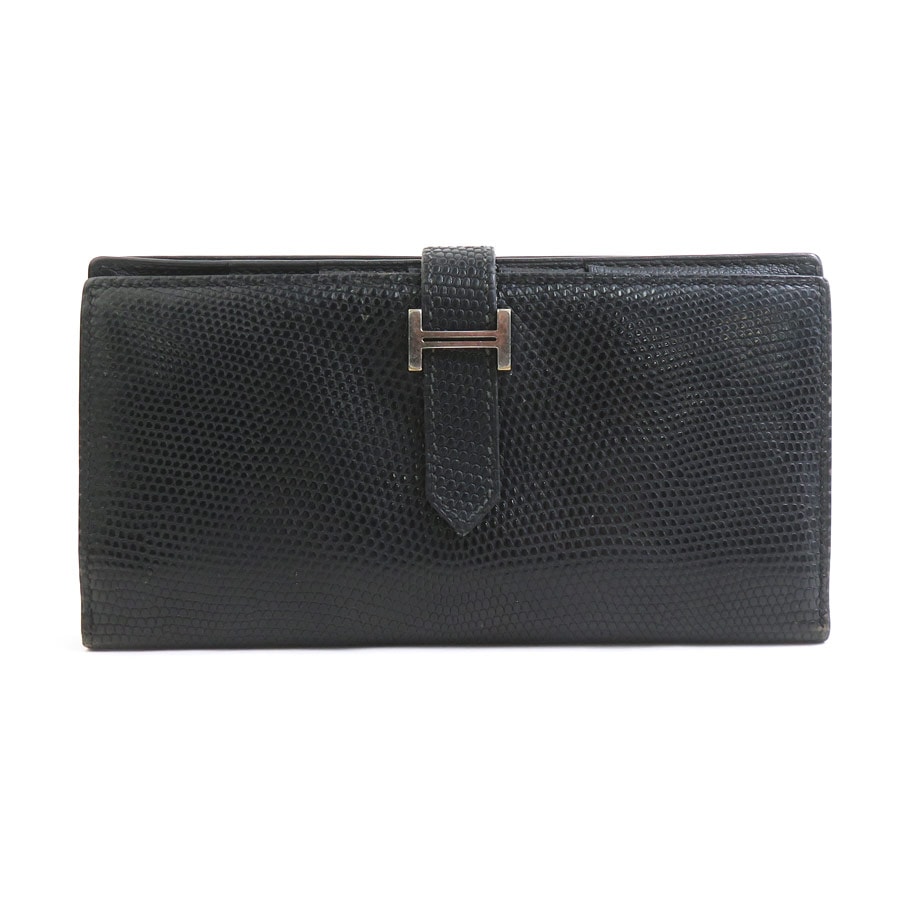 エルメス HERMES 二つ折り長財布 ベアンスフレ リザード ブラック シルバー ユニセックス【中古】 56526a