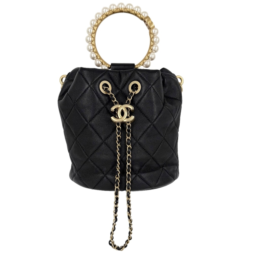 CHANEL シャネル ハンドバッグ ココマーク マトラッセ バケットバッグ パールハンドル ラムスキン ブラック 黒 ゴールド金具 レディース 美品【中古品】