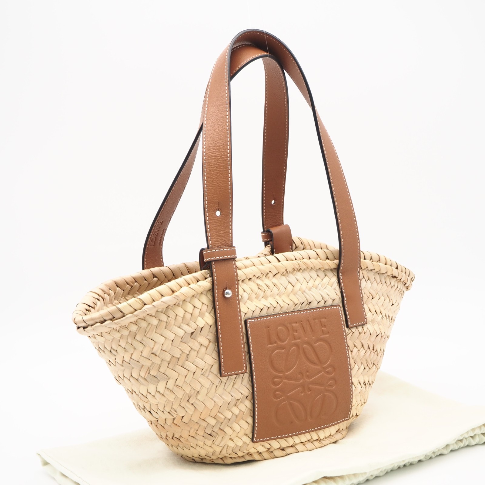 美品 LOEWE ロエベ ヤシの葉&カーフ バスケットバッグ スモール ナチュラル タン 327.02.S93 ハンドバッグ ブラウン カーフレザー ヤシの葉 レディース