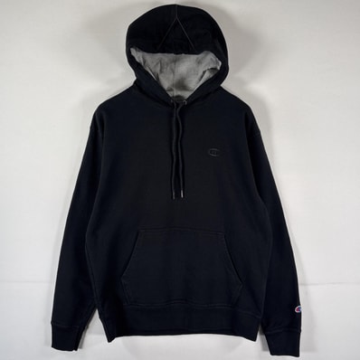 古着 チャンピオン Champion パーカー プルオーバー フーディ スウェット ワンポイントロゴ刺繍 マフポケット M ブラック メンズ