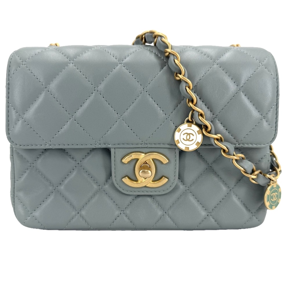CHANEL シャネル ショルダーバッグ マトラッセ ココマーク ミニバッグ チャーム ラムスキン グリーン系 ゴールド金具 レディース 美品【中古品】