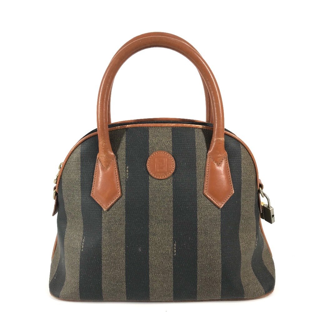 フェンディ FENDI ペカン ヴィンテージ カバン バッグ ストライプ ハンドバッグ PVC/レザー ブラウン