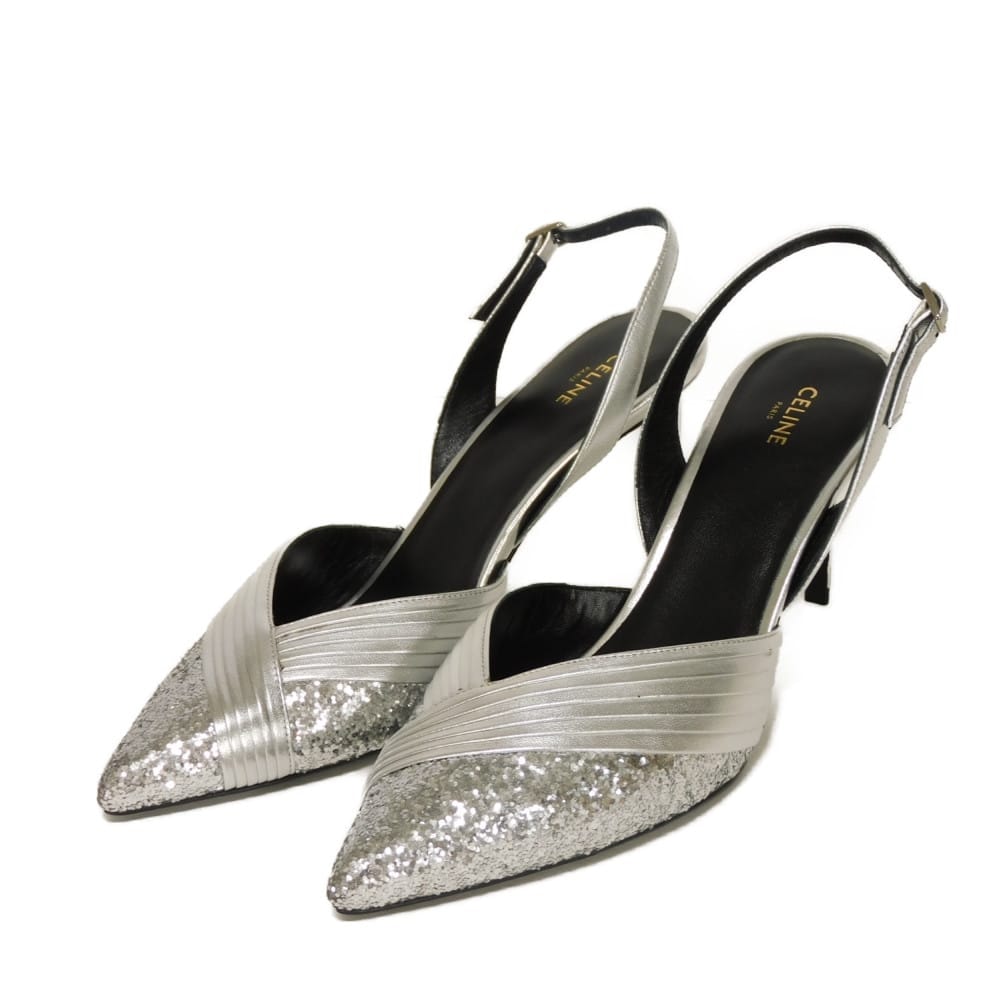 CELINE セリーヌ グリッター ヒール サンダル 37 スパンコール ラメ ブラック 24cm 新ロゴ シルバー パンプス