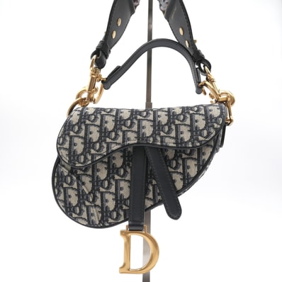 Christian Dior(クリスチャン ディオール)サドル ミニバッグ オブリーク ジャカード 2WAY ハンドバッグ ショルダーバッグ ネイビー ゴールド金具 レディース【中古】