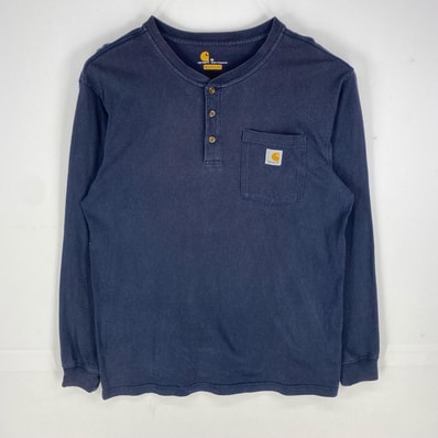 古着 カーハート Carhartt 長袖Tシャツ ヘンリーネック ワンポイント 胸ポケット ロンT M ネイビー系 メンズ