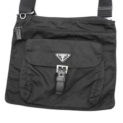 PRADA(プラダ)テスート ヴィンテージ ショルダーバッグ クロスボディバッグ ブラック ナイロン レザー 三角ロゴ シルバー金具 レディース【中古】