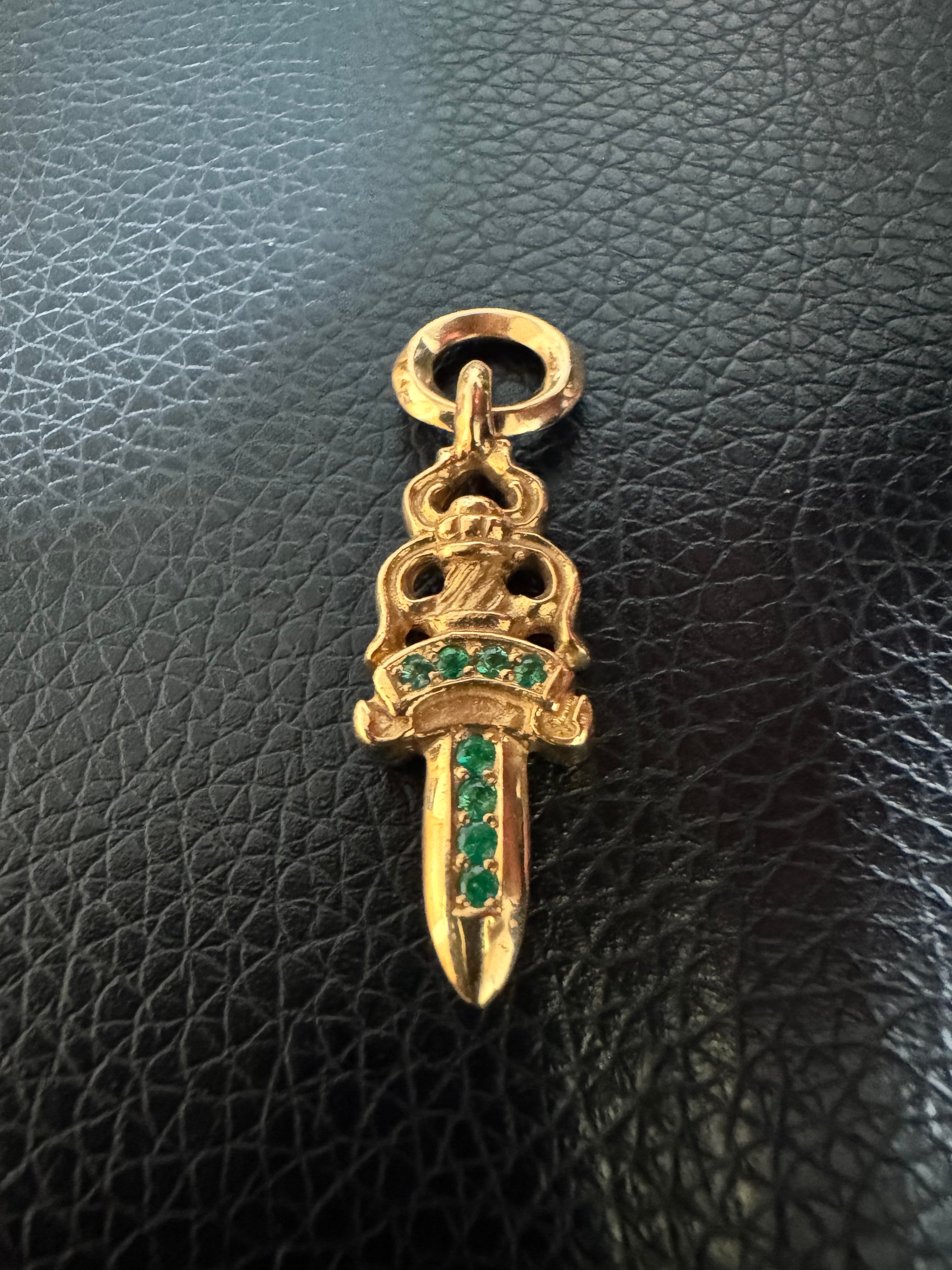 Chrome Hearts 22K #5 DAGGER Pave Emerald Gold Necklace Top "Yellow Gold/Green"