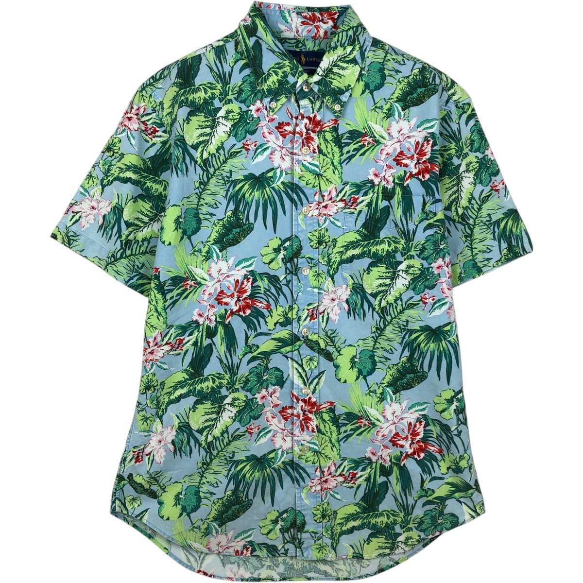 古着 ラルフローレン Ralph Lauren SLIM FIT スリムフィット 総柄 ハイビスカス柄 リーフ柄 ボタンダウン ハワイアンアロハシャツ メンズM相当/eaa635934