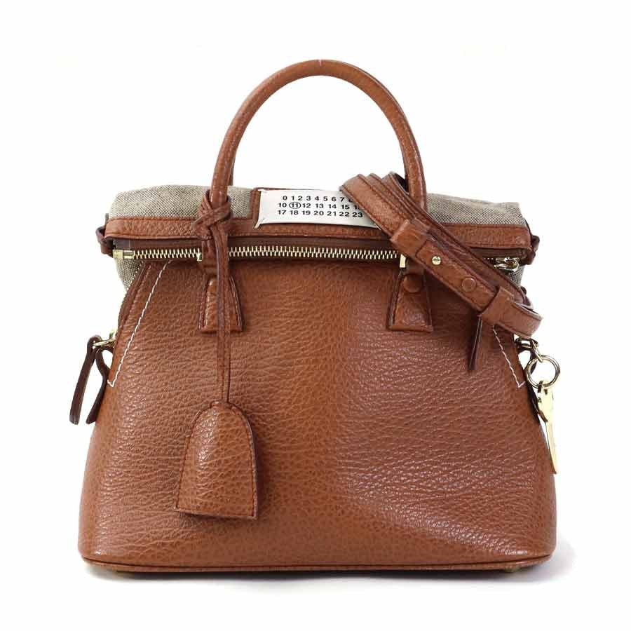 メゾンマルジェラ Maison Margiela ハンドバッグ ショルダーバッグ 5AC ミニ レザー/キャンバス ブラウン レディース【中古】 r11346a