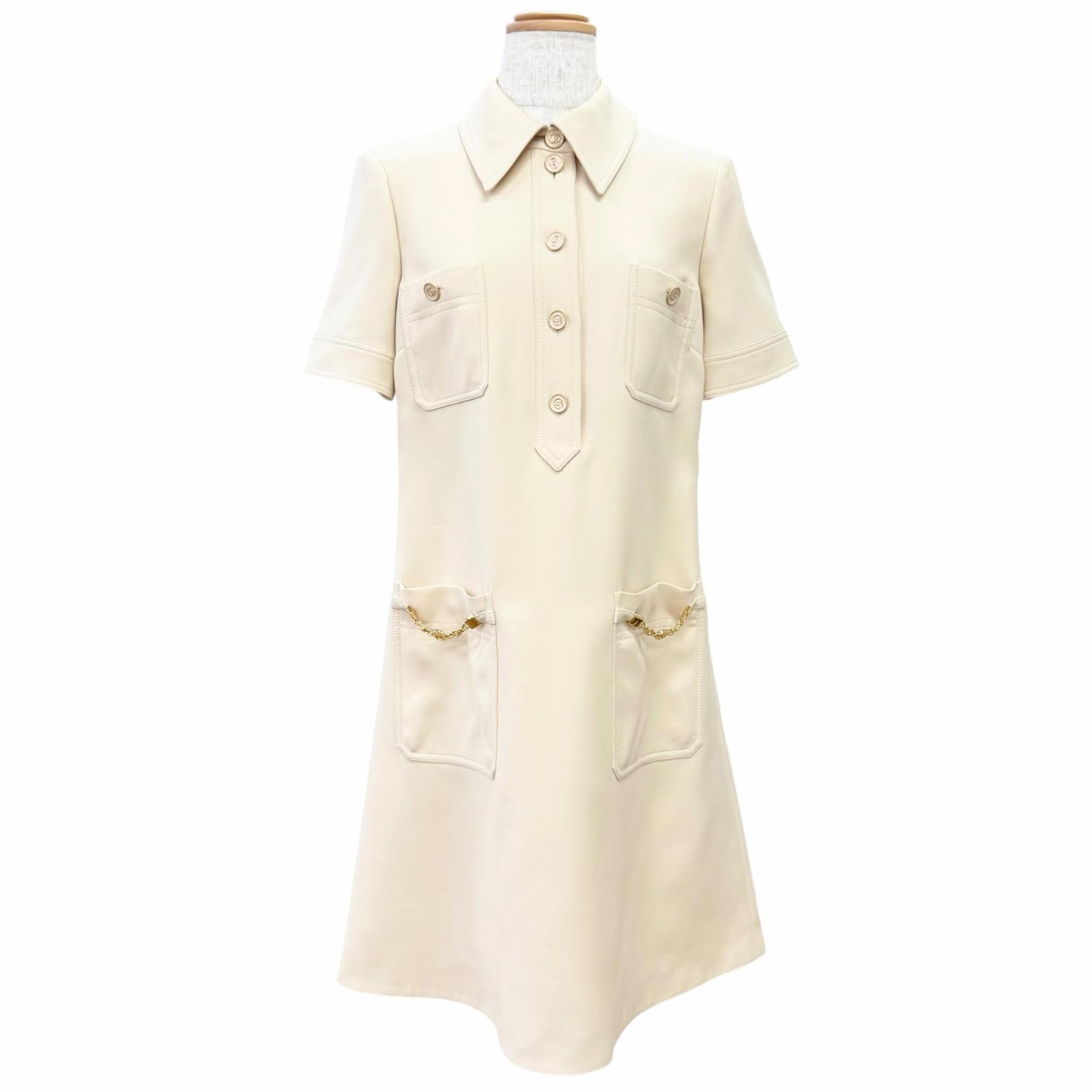美品 グッチ GGロゴボタン 半袖ワンピース ベージュ IT 36 661672