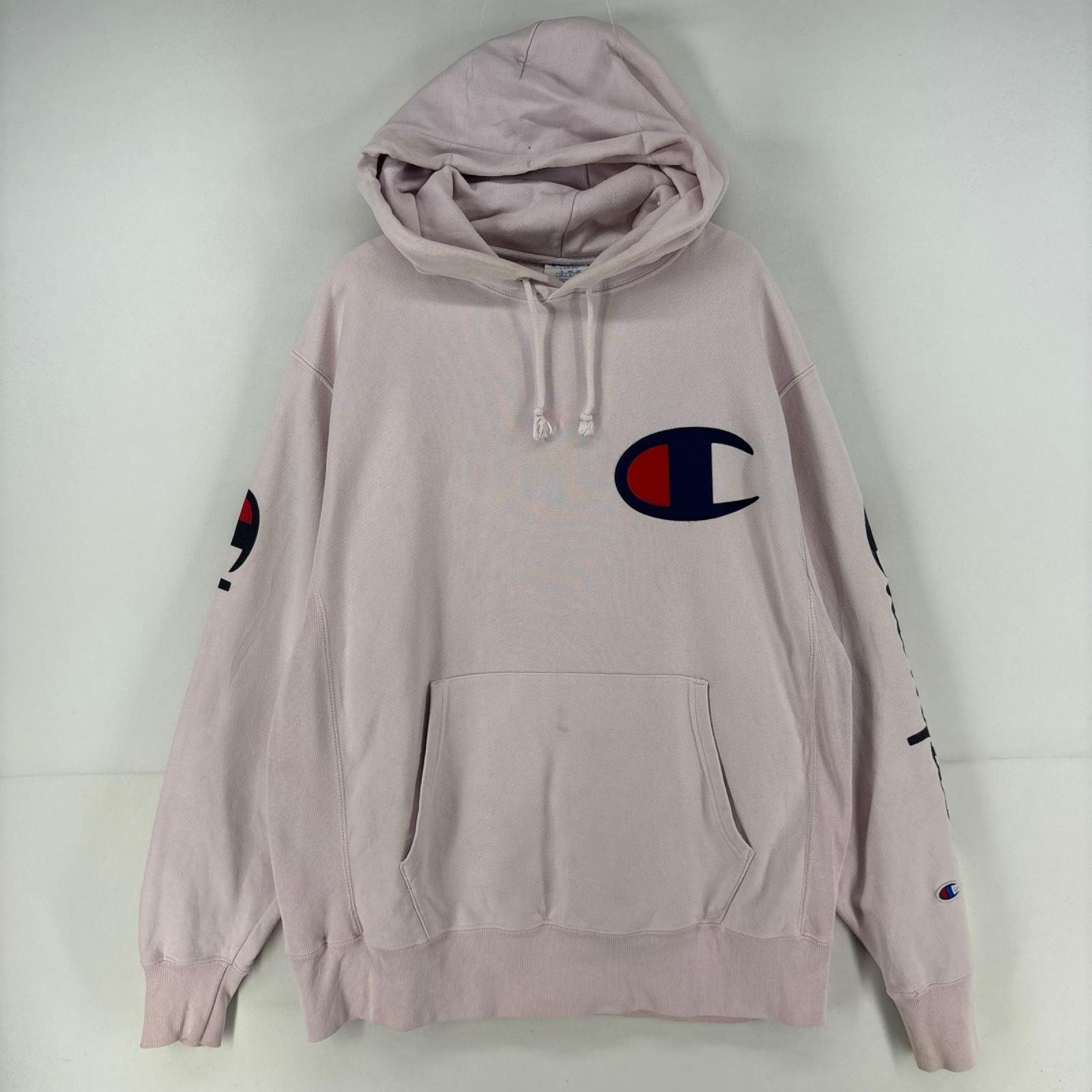 古着 チャンピオン Champion パーカー プルオーバー 袖プリント ワッペン リバースウィーブ ロゴ L  ピンク系 袖プリント メンズ