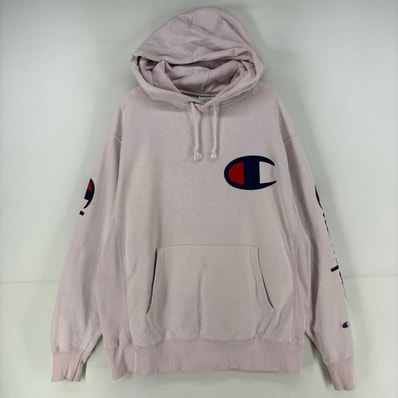 古着 チャンピオン Champion パーカー プルオーバー 袖プリント ワッペン リバースウィーブ ロゴ L ピンク系 袖プリント メンズ