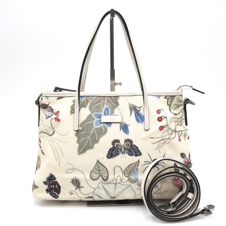 GUCCI(グッチ)クリスナイト フローラ 2WAYトートバッグ ショルダーバッグ フラワー 蝶 アイボリー系 キャンバス レザー 353440 525040【中古】