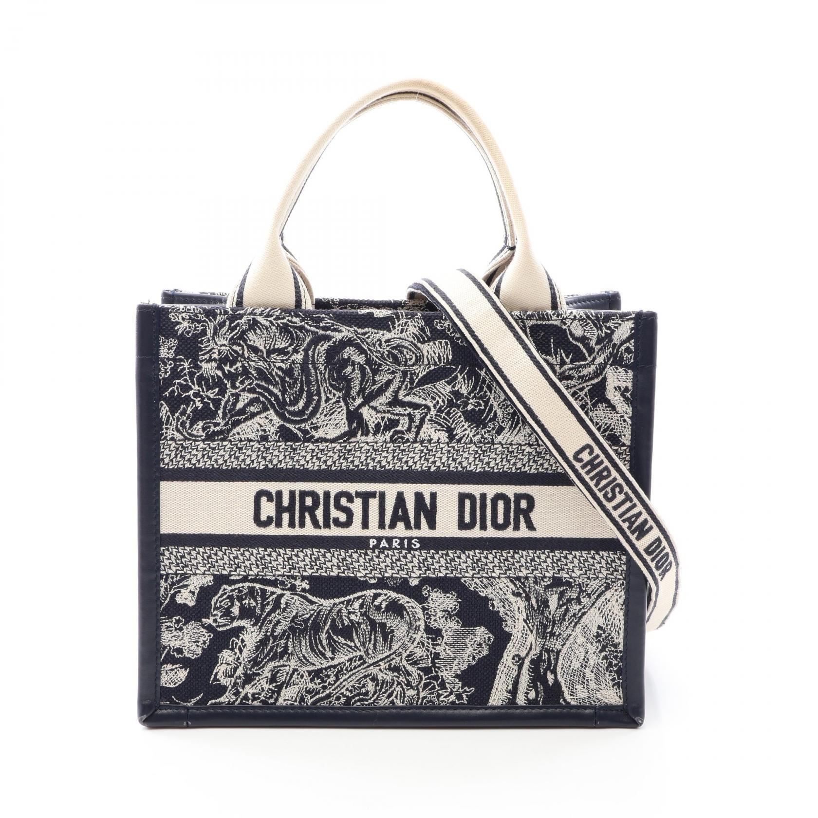ディオール Dior BOOK TOTE ブックトート スモール トワル ドゥ ジュイ リバース エンブロイダリー 2WAY トートバッグ バッグ キャンバス レザー レディース ネイビー系 / アイボリー系 【中古】