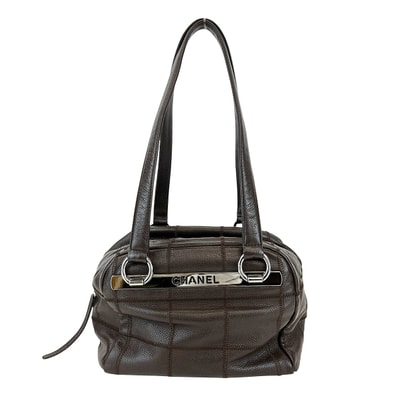 CHANEL シャネル チョコバー ミニ ボストンバッグ ロゴマーク ハンドバッグ キャビアスキン ダークブラウン シルバー レディース【中古】