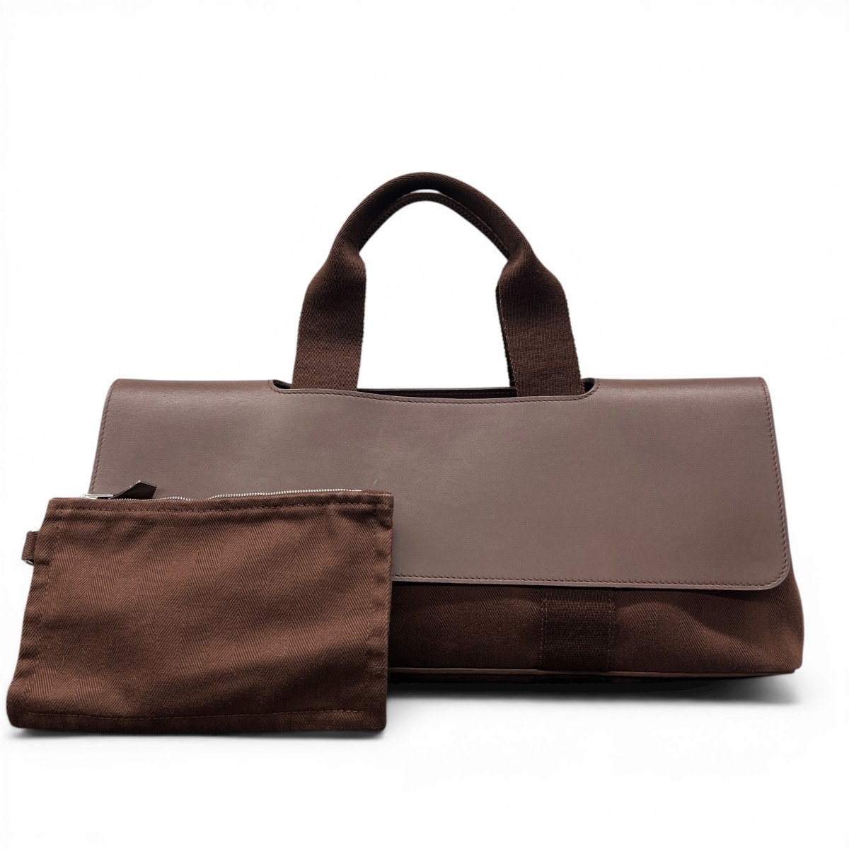 HERMES 美品 エルメス ヴァルパライソロングMM ハンドバッグ トワルシェブロン ヴォースイフト キャンバス レザー ブラウン シルバー トートバッグ セリエ ポーチ付属 ABランク 中古 鑑定済