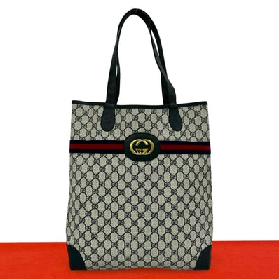 GUCCI グッチ シェリーライン GG ロゴ 金具 PVC レザー トートバッグ ネイビー
802-5