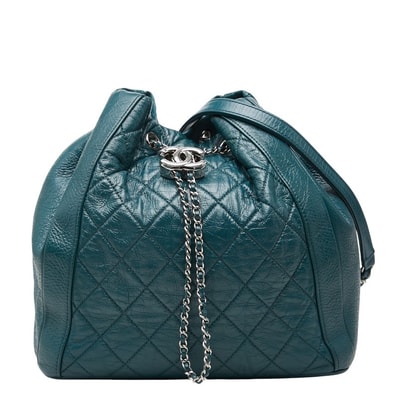 シャネル ココマーク マトラッセ チェーン ショルダーバッグ 巾着 グリーン カーフ レディース CHANEL 【中古】