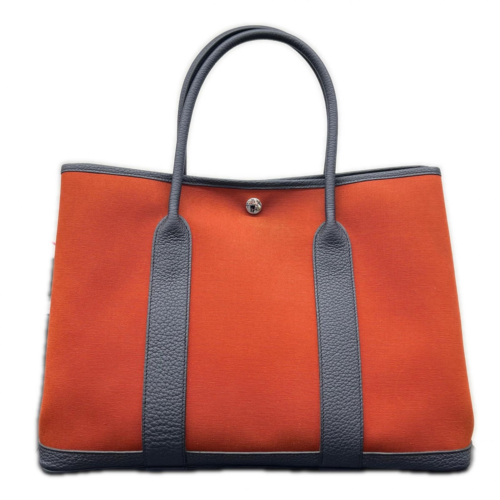 HERMES 極美品 エルメス ガーデンパーティPM トートバッグ Z刻印 2021年製造 トワルオフィシエ キャンバス レザー オレンジ ダークグレー ハンドバッグ レディース メンズ ユニセックス Aランク 中古 鑑定済 エルメスバッグ
