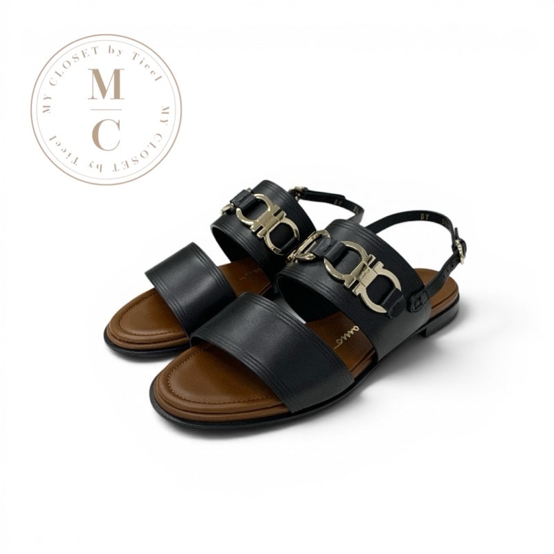 フェラガモ FERRAGAMO Chaim 10 サンダル 靴 シューズ レザー ブラック 黒 ゴールド 未使用 ガンチーニ スリングバック フラット