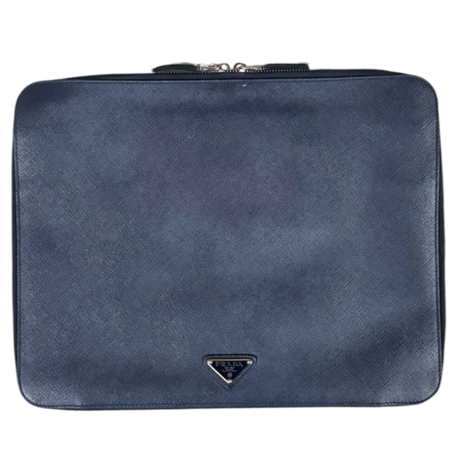 プラダ サフィアーノ セカンドバッグ レザー 2VN001 ネイビー メンズ PRADA  中古