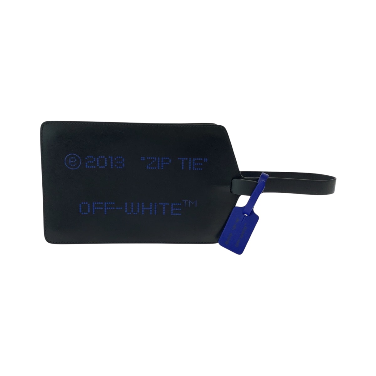 美品 OFF-WHITE オフホワイト ネームタグ ブラック 黒 ブルー ゴールド金具 レザー クラッチバッグ ハンドバッグ 503250 【中古】